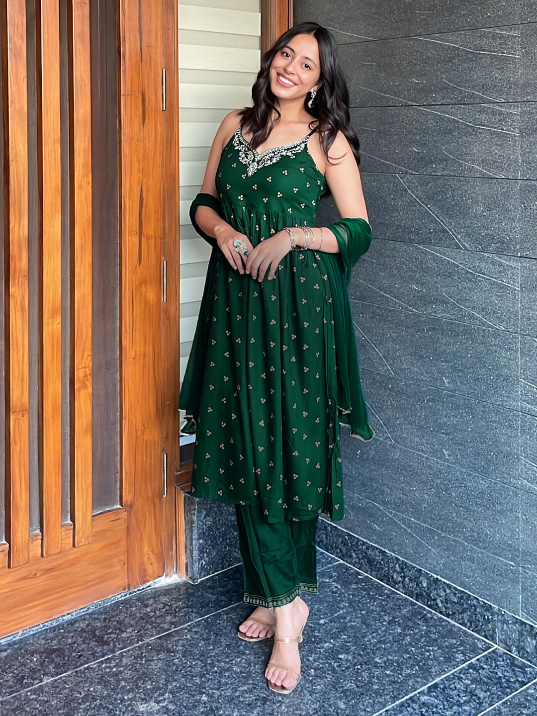 Ninnique Women's Dark Green Rayon Yoke Embroidered Gold Printed A-line Kurta Set